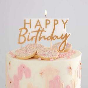 Gold and White Happy Birthday Candle