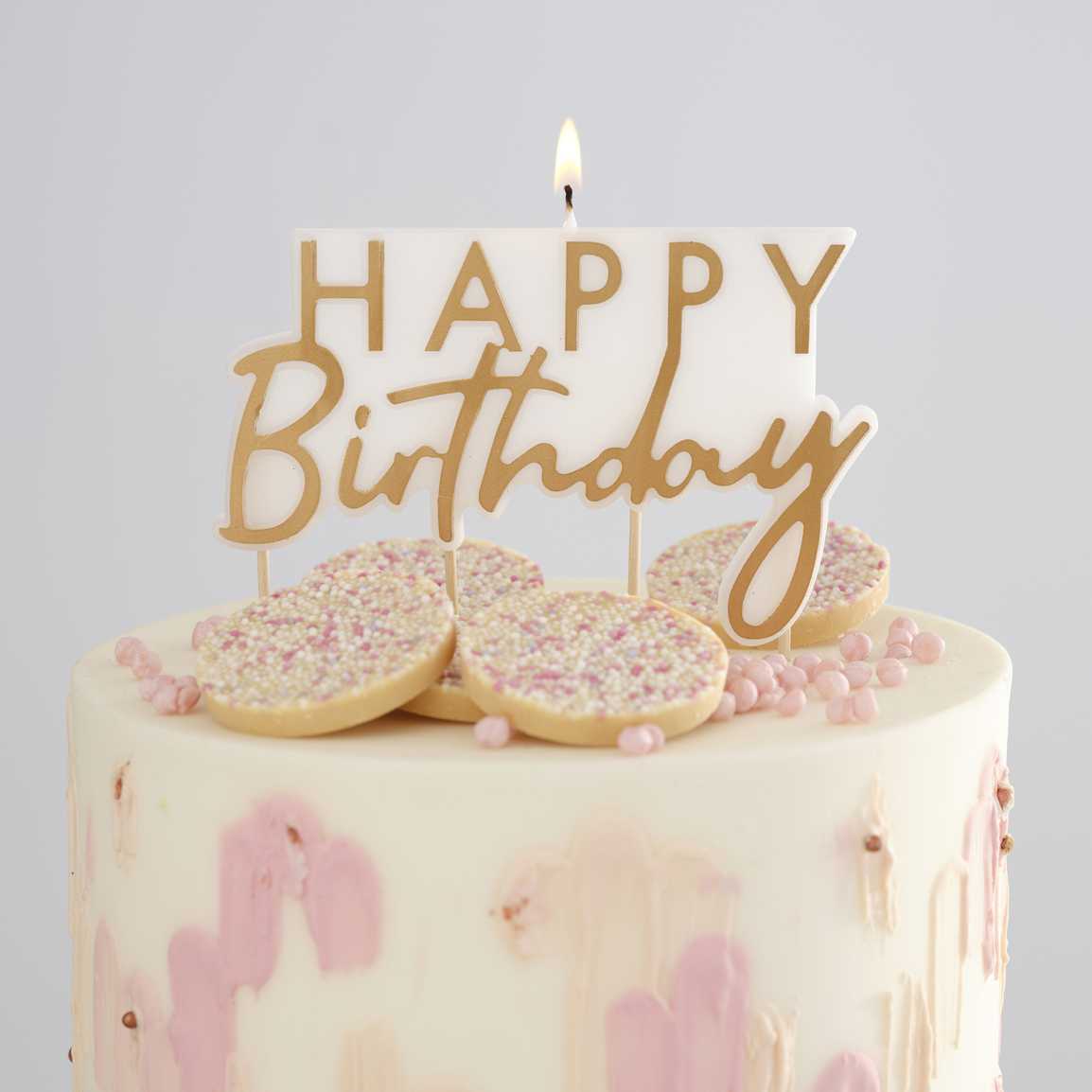 Gold and White Happy Birthday Candle